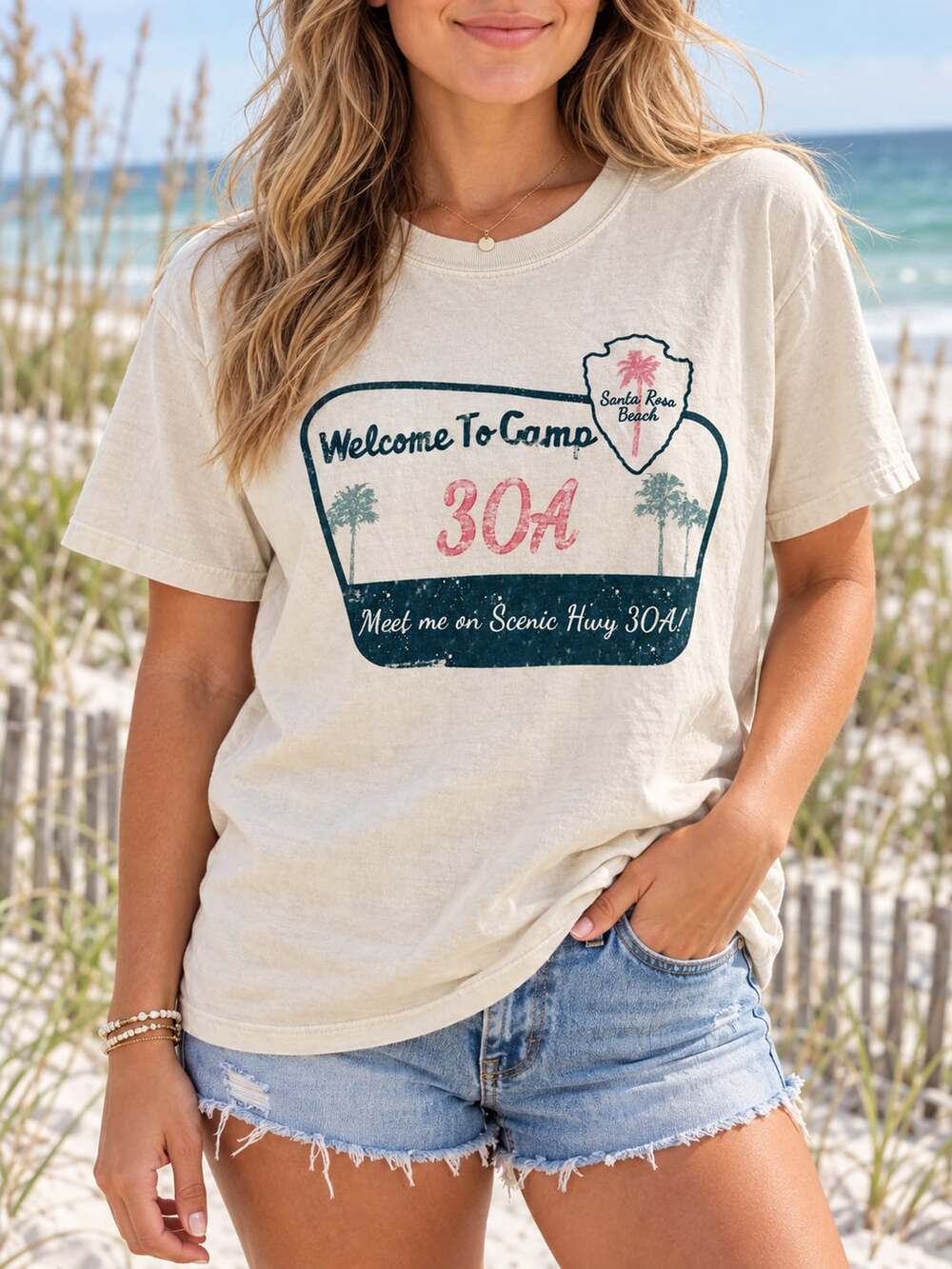 Comfort Colors Welcome To Camp 30A Tee Size M Beige Graphic T-Shirt